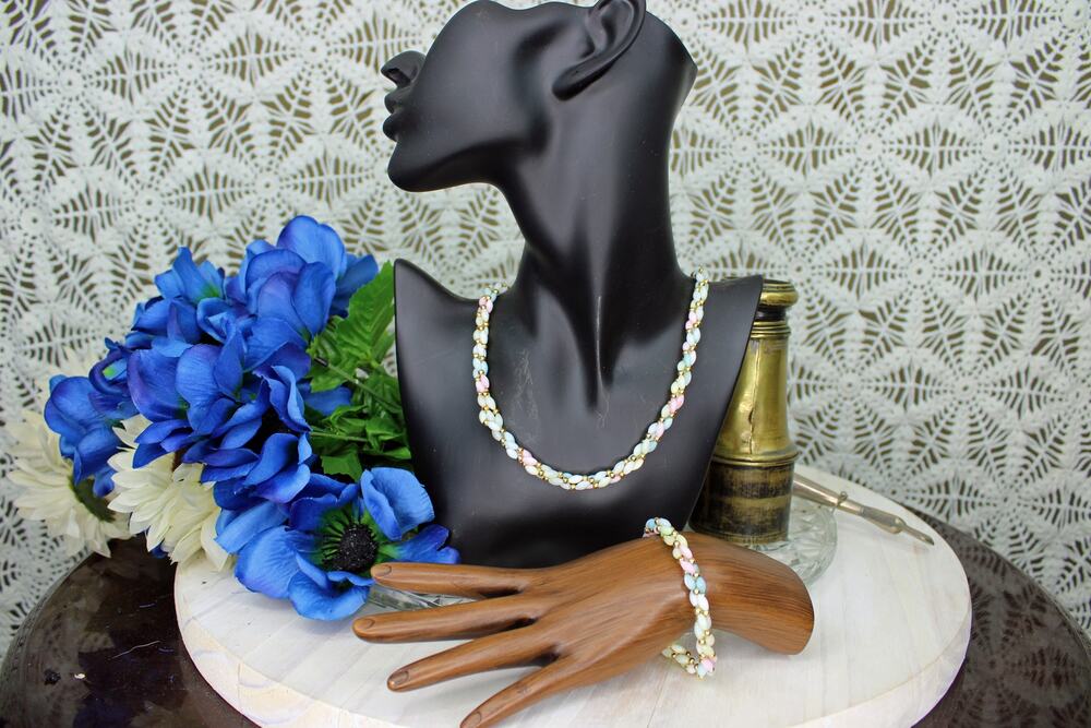 Vintage Taiwan 3 Strand Opalescent Gold Tone Necklace and Bracelet Set